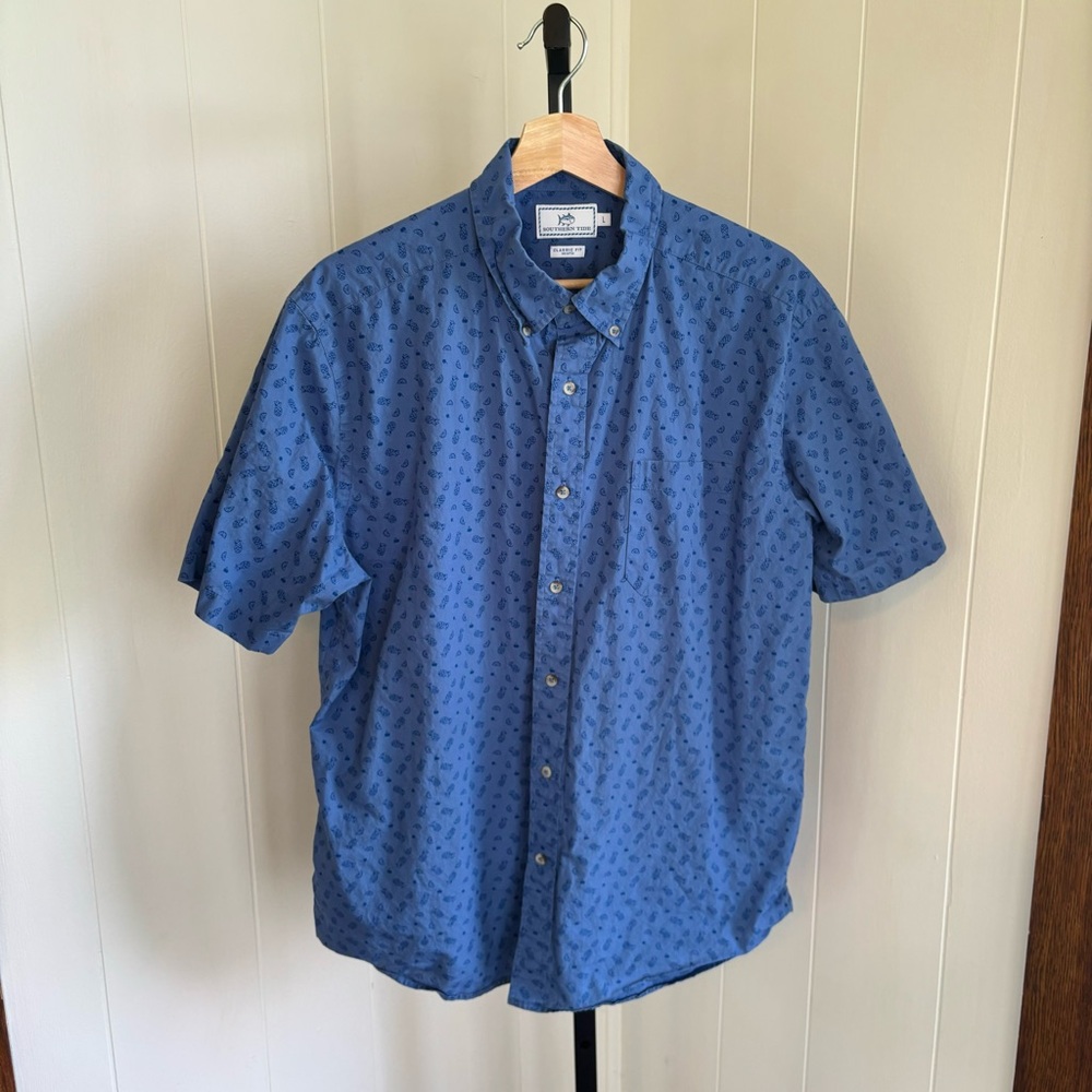 Souther Tide Blue Pineapple Short Sleeve Button Up Cotton Classic Shirt Mens L - Picture 2 of 6